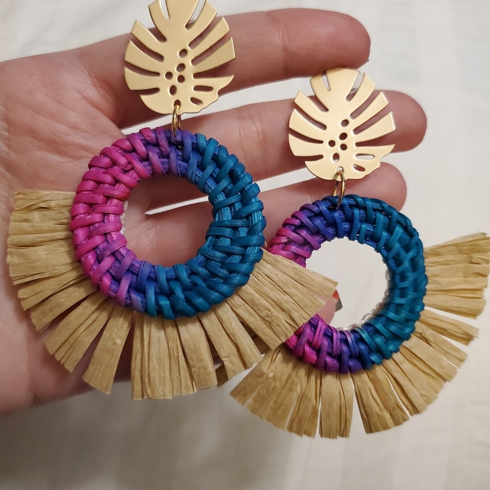 New Tropical Leaf w/Raffia & Woven Rattan … - Picture 8 of 9